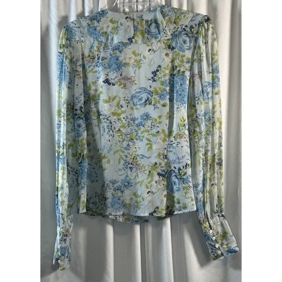 I.E.‎ Blue Green Floral Silk Ruffle V-Neck Button Down Top 10 Cottagecore 79-42 - Picture 8 of 14